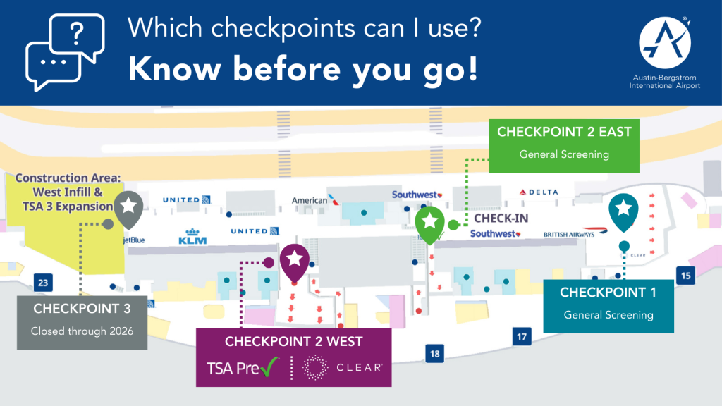 Map showing locations of TSA checkpoints and identifying if checkpoints allow for general, Clear, or TSA Precheck screening. All passengers can use TSA Checkpoints 1 and 2 East. TSA PreCheck and Clear are available at Checkpoint 2 West. Checkpoint 3 is closed through 2026.