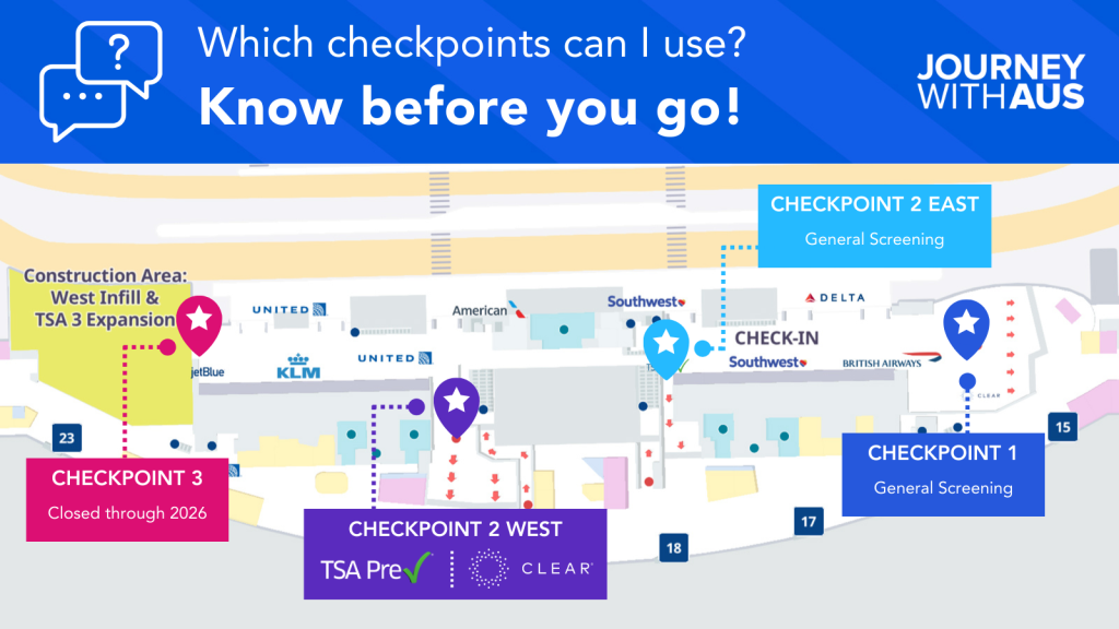 Map showing locations of TSA checkpoints and identifying if checkpoints allow for general, Clear, or TSA Precheck screening. All passengers can use TSA Checkpoints 1 and 2 East. TSA PreCheck and Clear are available at Checkpoint 2 West. Checkpoint 3 is closed through 2026.